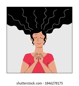 Young woman closed eyes thinking meditating. Concept of pacification harmony with oneself and the world. Social media avatar user icon. Character for website. Stock vector flat illustration isolated.