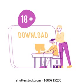 Young Woman Closing Son Eyes Protecting From Online Content For Adults. Censored Internet Information, Parenting Control. Little Boy Sittinf At Desk With Computer. Linear People Vector Illustration