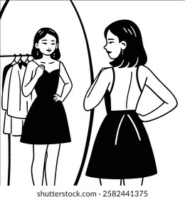 A young woman in a clothing store tries on a stylish dress in front of a mirror. She admires her reflection, enjoying a shopping moment. A black-and-white vector lifestyle illustration.