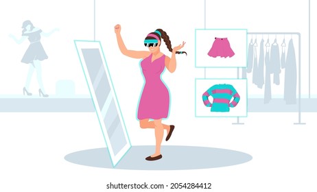 Young Woman In A Clothing Store In A Virtual Fitting Room. Shopping Of The Future With Augmented Reality Glasses. Flat Vector Illustration