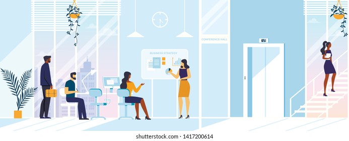 Young Woman Coach Character Presenting Business Strategy Diagrams, Charts and Graphs for Office Workers on Big Interactive Screen in Conference Hall, Education, Class Cartoon Flat Vector Illustration.