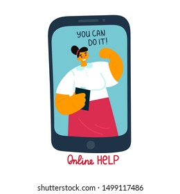 A young woman coaches an online session via video. A woman with a folder leads a coaching session on her channel.Online help in complex and emergency situations. Text You can do it.Vector illustration