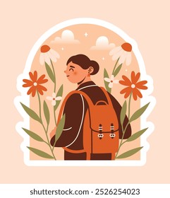 Young woman in coat with backpack walking on nature, outdoors among flowers, plants, leaves, clouds, stars. Naive illustration in window frame with cute female character. Journey, traveling. Happiness