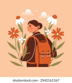 Jovem mulher de casaco com mochila andando na natureza, ao ar livre entre flores, plantas, folhas, nuvens, estrelas. Ilustração ingênua em personagem feminina bonito. Viaje, viajando. Felicidade, harmonia, equilíbrio