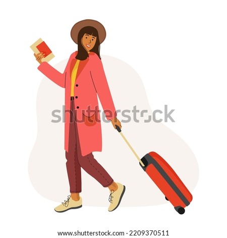 Young Woman in coat and hat with a Suitcase goes on vacation. Girl with a Suitcase and a passport with boarding pass tickets. Travel concept. Flat vector illustration.