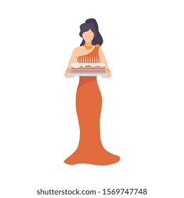 Young Woman In Cocktail Dress Comes In Holding Birthday Cake Vector Illustration
