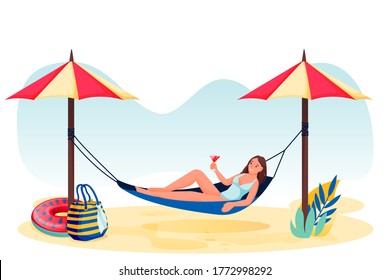 Young woman with cocktail in hammock on beach. Vector flat cartoon character illustration. Relaxed girl isolated on white background. Summer holiday travel and vacation at tropical resort
