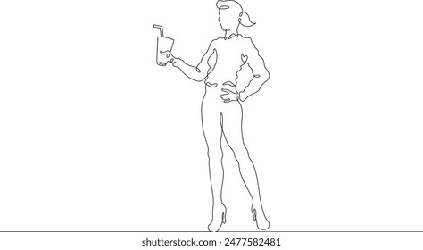 Young woman with a cocktail in hands. Drinking alcohol. Guest holding a glass at a party.One continuous line. Line art. Minimum one line. White background. One line drawing.