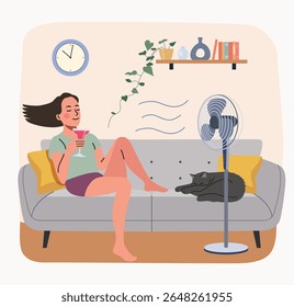 Young woman with cocktail sits in front of a fan on the sofa. Vector flat style cartoon illustration