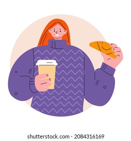 Young woman with coffee and croissant. Vector illustration in flat style.