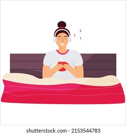 Young woman with coffee cup and headphones sitting on bed isolated on white. Home comfort concept rest after work or morning routine. Vector illustration