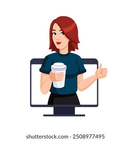 Young woman with coffee cup Shows thumbs up from computer monitor. Online Education, Likes on social networks. Vector