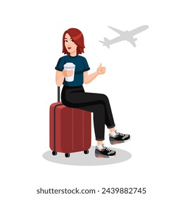 Young woman with coffee cup sitting on suitcase and showing thumbs up at the airport before flight. Traveling concept, flat design, cartoon style. Vector illustration