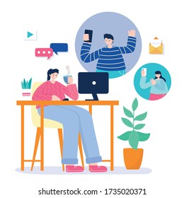 young woman with coffee cup using laptop chatting with people vector illustration