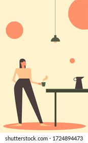 young woman with coffee in hand in a room. flat style vector concept illustration