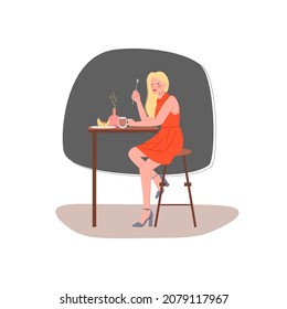 Young Woman in coffee house with coffee and croissant, in red dress, eat and enjoy