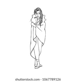 Young woman with cold and flu symptoms stands covered with blanket and measures body temperature with thermometer in mouse. Black and white hand drawn illness female character. Vector illustration.