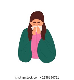 Young woman with cold and runny nose. Girl wrapped in plaid blowing her nose into a disposable paper napkin. Colored flat vector illustration isolated on white background