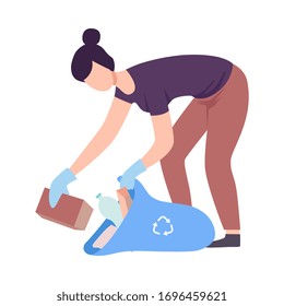 Young Woman Collecting Trash into Plastic Bag, Volunteer Picking Garbage Outdoors Vector Illustration