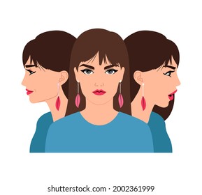 Young woman color profile. Vector girl colour portrait, female person hair fashion faces, front and side view beauty lady model