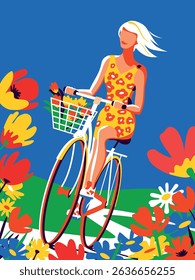 Young woman in colorful dress riding bicycle on walk against background of blooming fields and meadows. Trendy contemporary expressive pop art minimalist vector handmade drawing illustration.
