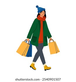 A young woman in a colorful outfit carries shopping bags while walking outdoors in autumn