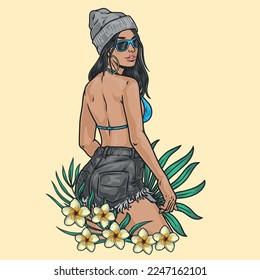 Young woman colorful sketch in shorts and bra for walk on hot tropical beach stands among exotic plants vector illustration