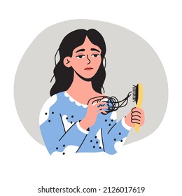 Young woman with a comb in hand, girl suffering from Hair loss, alopecia in young age . Flat vector illustration. Healthcare, hair problems, baldness, disease concept, isolated on a white background.