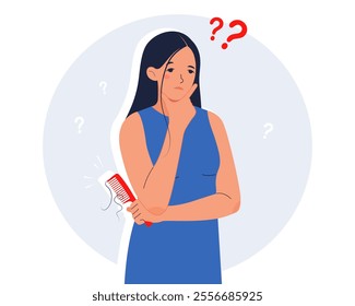 Young Woman with comb in hand. Woman is upset because of hair loss. Hair loss concept. Flat vector illustration