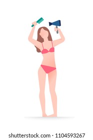 An young woman is combing and blow drying the hair with a hair dryer. Body care, beauty procedures and everyday life concept. Flat vector illustration isolated on white background