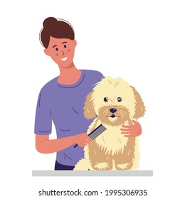 A young woman is combing a little dog with long fur. Taking care of grooming for pets. Vector illustration in flat style.