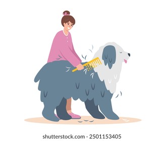 Mujer joven peinando perro peludo. Perro y niña mullidos felices. Mascota y dueño. Adopción, caridad, amor, voluntariado, cuidado de mascotas o concepto de ayuda. Ilustración plana de Vector aislada sobre fondo blanco.