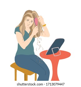 Young woman combs hair in front of the mirror.Alopecia concept.Blonde hair woman loses her hair.Hair falling problem cartoon style colorful illustration.