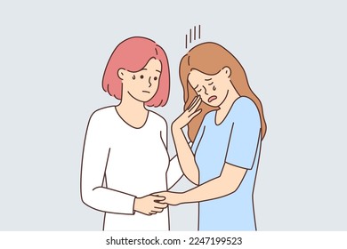 Young woman comfort support unhappy crying girlfriend suffering from depression or panic attack. Supportive female caress distressed upset girl friend. Vector illustration. 