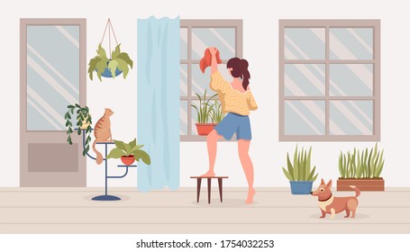 Young Woman In Comfortable Clothes Cleans Up Balcony Or Room Vector Flat Cartoon Illustration. Girl Holding Cleaning Cloth, Clean Windows. Modern Interior, House Plants In Pots And Pets, Dog And Cat.