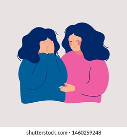 Young woman comforting her crying best friend. Depressed girl covering face with  hands and her girlfriend consoling and care about her. Help and support concept. Hand drawn style vector design illust