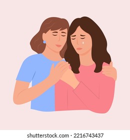 Joven consolando a su mejor amiga que llora. Mujer consolada y preocupada por la triste y deprimida novia. Concepto de ayuda y soporte técnico. Ilustración del vector