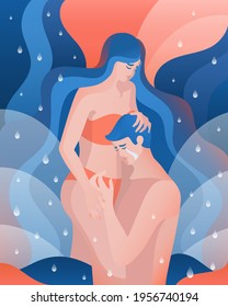 Young woman comforts crying man. Support in couple. Wavy poster, coral and navy palette