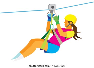 young woman coming down the mountain on a steel cable using a special device