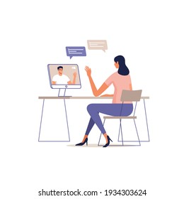 Young woman communicate online using a computer. Man on the screen of devices. Remote communication concept of online meeting, dating, call and video. Vector illustration.