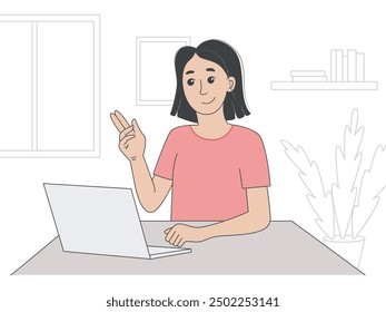 Young woman communicates on laptop at home