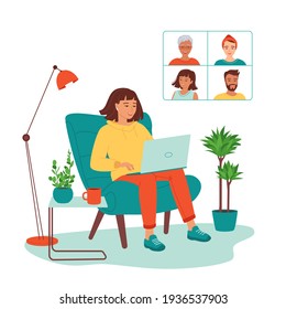 Young woman communicates on a video call on a laptop with colleagues. Concept of remote online meeting from home. Freelance, distance learning, courses, training. Vector illustration isolated on white