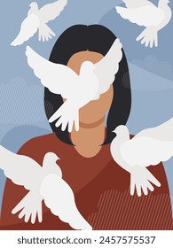 A young woman communicates with peaceful white birds. Vector.