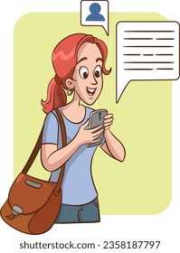 Young woman communicating with mobile phone. Vector illustration with speech bubbles.