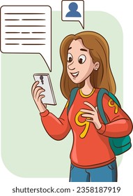 Young woman communicating with mobile phone. Vector illustration with speech bubbles.