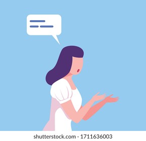 Young Woman Communicating with Speech Bubble, Girl Doing Request Gesture, Social Networking, Virtual Relationships Flat Vector Illustration