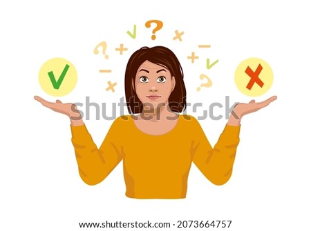 The young woman compares to two things. the woman shrugs, confused, no answer, decides. isolated on white background
