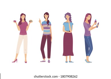 Young woman comparing skincare beauty products. Cute girl choosing between healthy and junk food. Lady in doubt with hand on chin gesture. Woman pointing gesture. Flat vector cartoon illustration