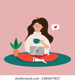 Young woman with  a computer, in a comfortable position. Girl receives email. Girl replies to Valentine's Day message with cute cat in her arms. Love message. email. Flat vector illustration  eps 10, 