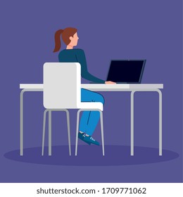 Jugendliche mit Computer auf dem Schreibtisch Vektorillustration, Illustrationsdesign
